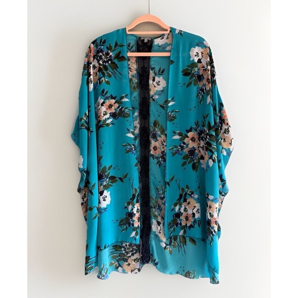 Floral Kimono Cardigan Lace Crochet Sheer Cottage Beach Boho Open Front Duster M